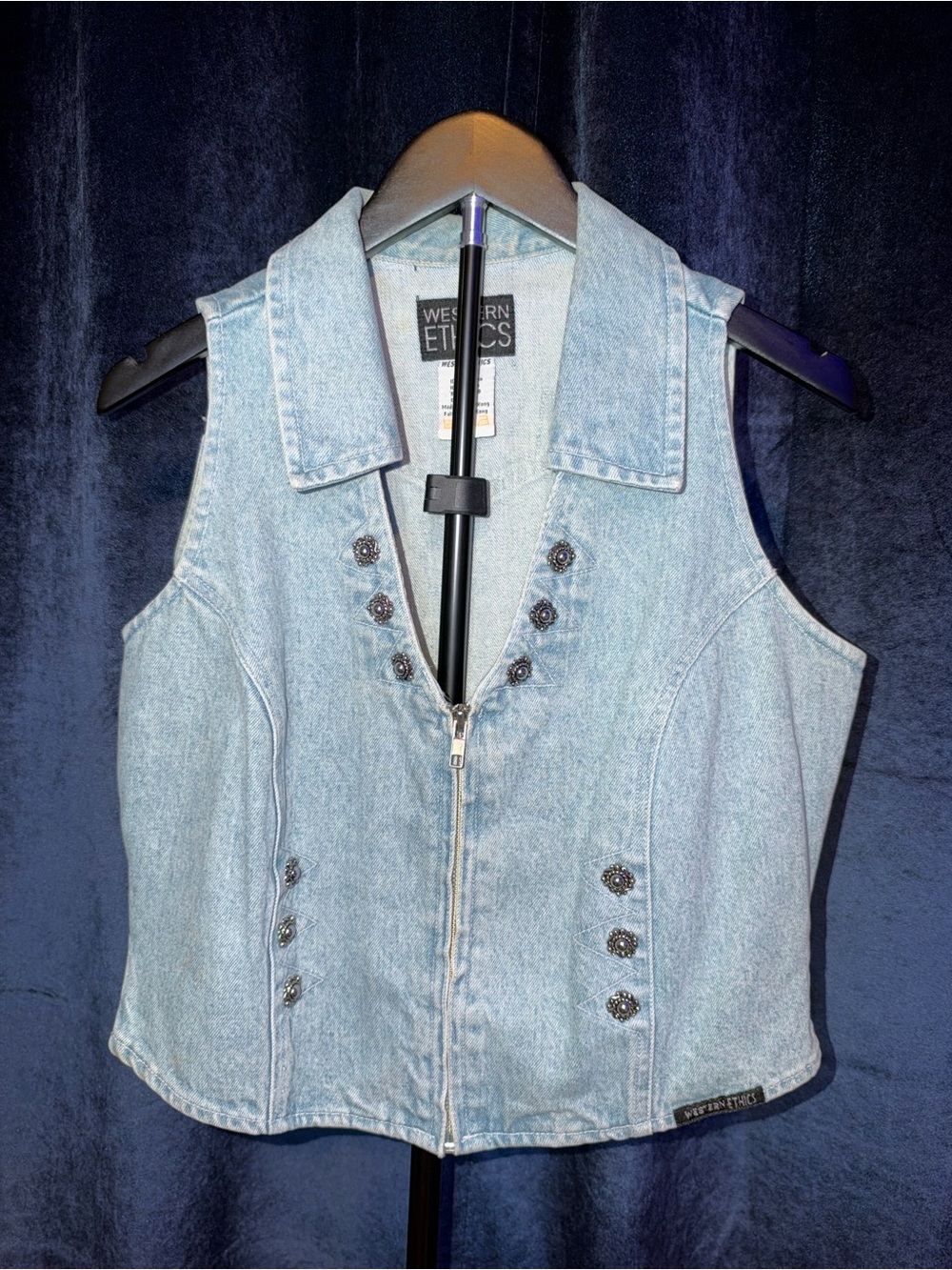 Vintage Western Ethics Light Wash Denim Vest Concho Zip Up L